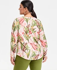 I.n.c. International Concepts Plus Size Printed Split-Neck Long-Sleeve Top, Macy's Exclusive