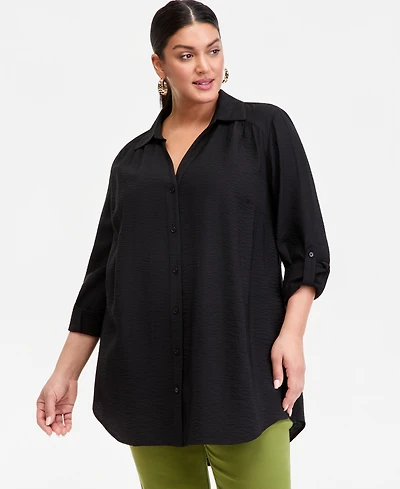 I.n.c. International Concepts Plus Roll-Tab-Sleeve Button-Front Tunic, Macy's Exclusive