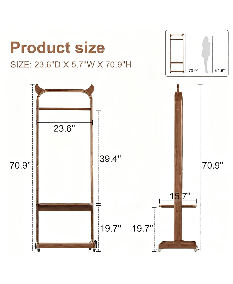 Yigii Portable Wood Clothing Rack with Hooks and Shelves