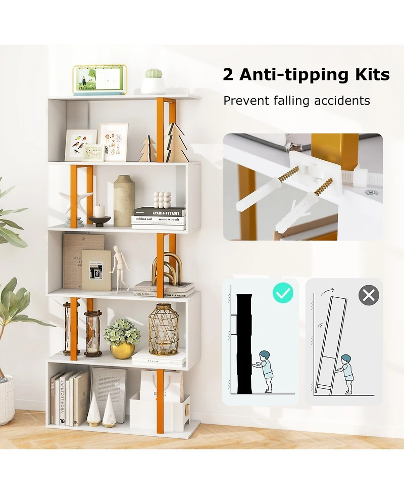 Slickblue 5-Tier/6-Tier Geometric Bookcase with Metal Frame and Anti-tipping Kits-5 Tier