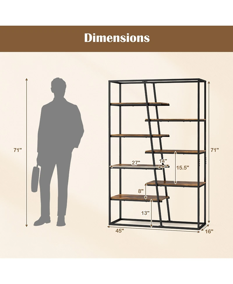 Slickblue Industrial 6 Tier Ladder Bookshelf 72 Inch Wall Storage Shelf