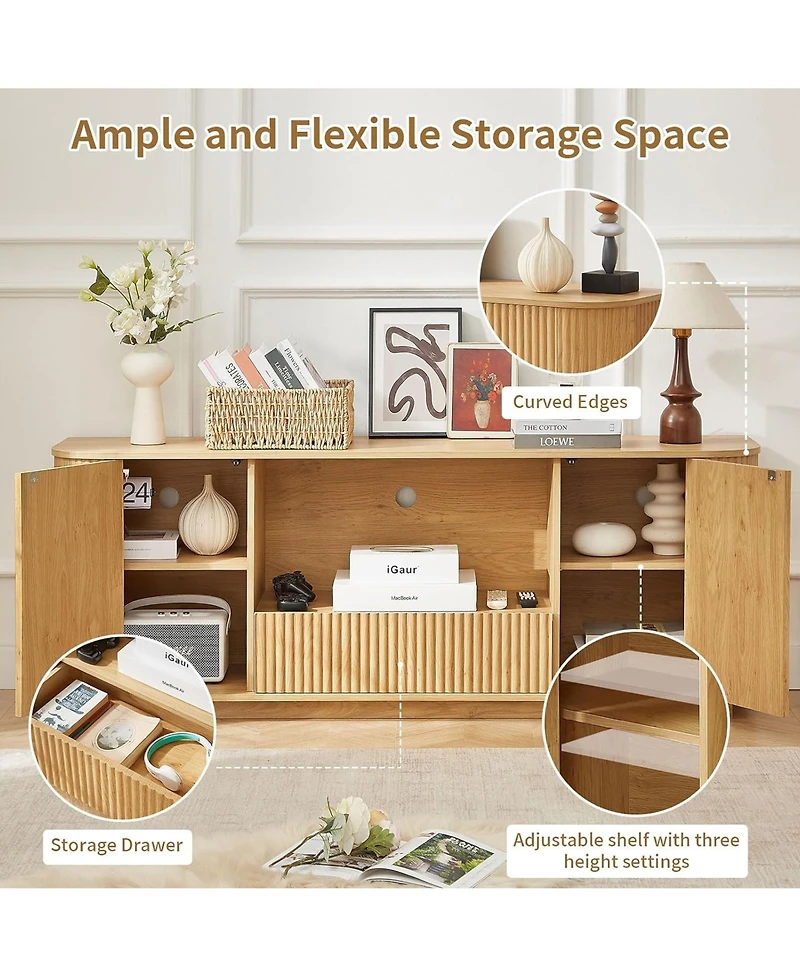 Rainsken 64" Mid Century Modern Fluted Tv Stand, Entertainment Center with 2 Doors, 1 Drawer and Open Shelf for Living Room