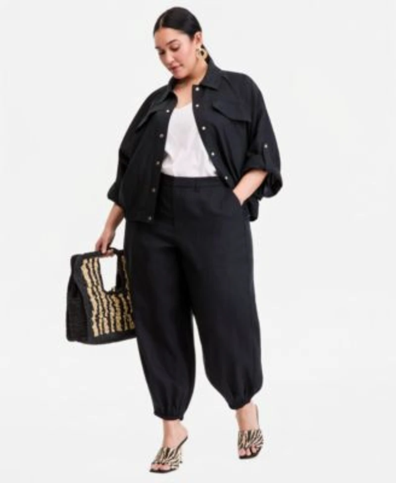 I.N.C. International Concepts Plus Size Roll Tab Sleeve Snap Front Shirt Jacket High Rise Balloon Leg Pants Macys Exclusive