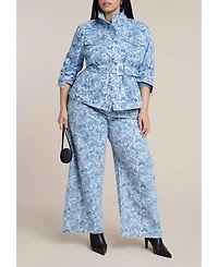 Eloquii Women's Plus Lace Printed Denim Belted Jacket