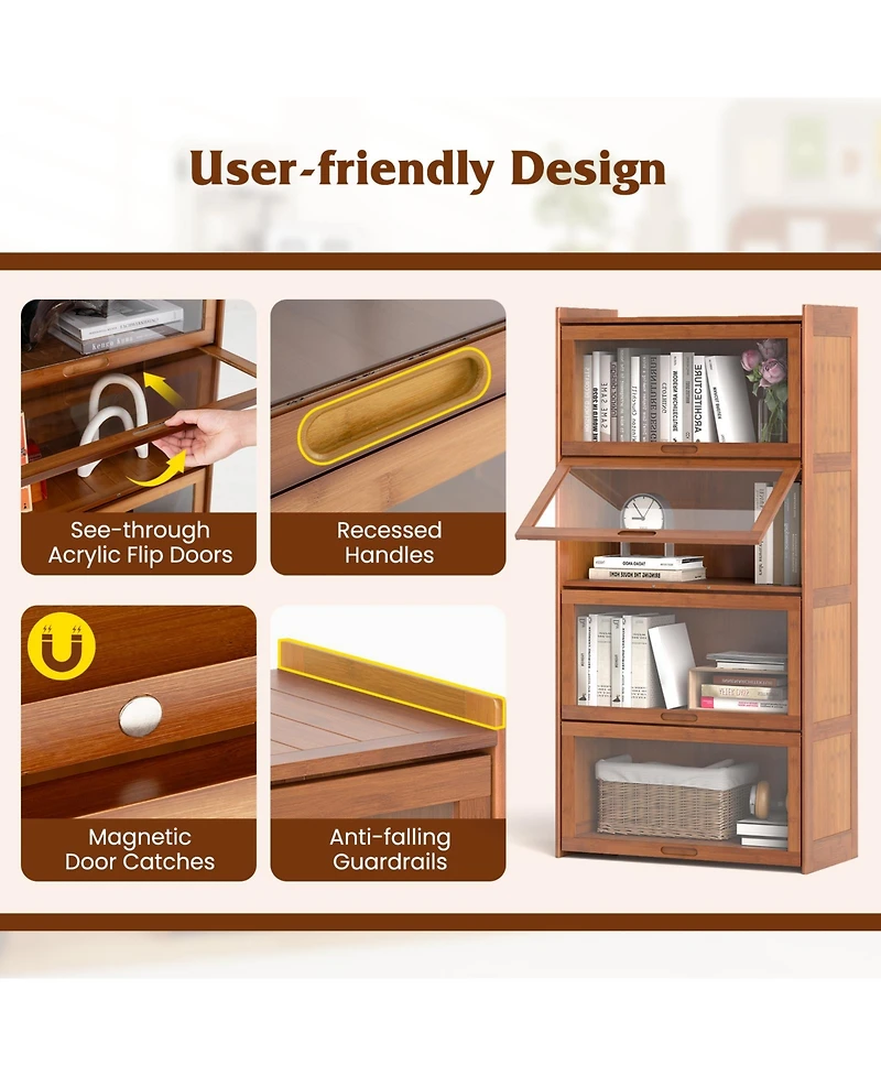 Sugift Four Tier Bamboo Bookcase with Cabinet Doors and Shelves