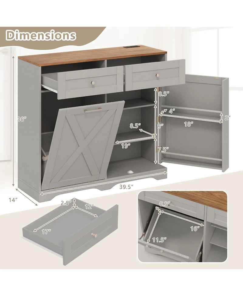 Sugift Tilt Out Trash Can Cabinet with Power Outlets and Shelf