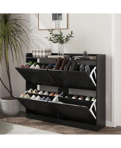 gaomon Large Shoe Cabinet with 4 Flip Drawers, Narrow Freestanding Organizer Wooden Legs,