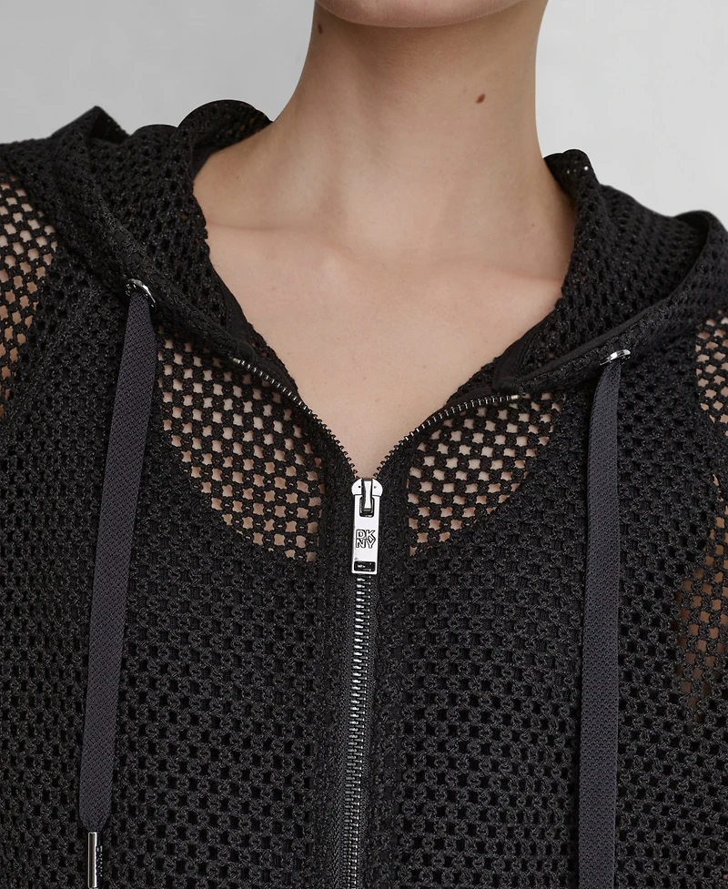 Dkny Women's Grove Crochet Mesh Zip-Up Hooded Jacket