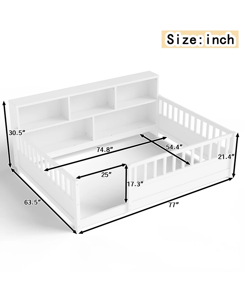 Rainsken Full Size Montessori Floor Bed Frame, Low Profile Wooden Bed with Bookcase Storage and Safety Guardrails for Boys and Girls