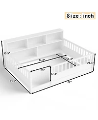 Rainsken Full Size Montessori Floor Bed Frame, Low Profile Wooden Bed with Bookcase Storage and Safety Guardrails for Boys and Girls