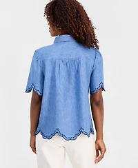Style & Co Women's Cotton Chambray Embroidered-Trim Shirt, Macy's Exclusive