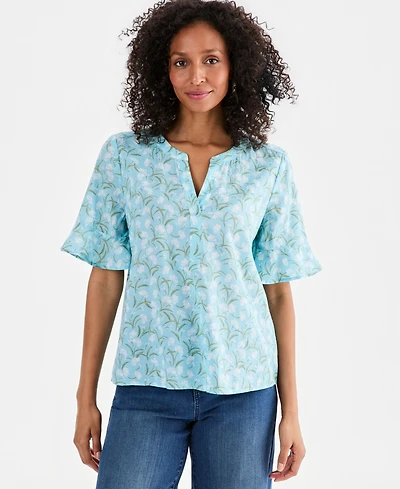Style & Co Women's Printed Cotton Split-Neck Popover Top, Macy's Exclusive