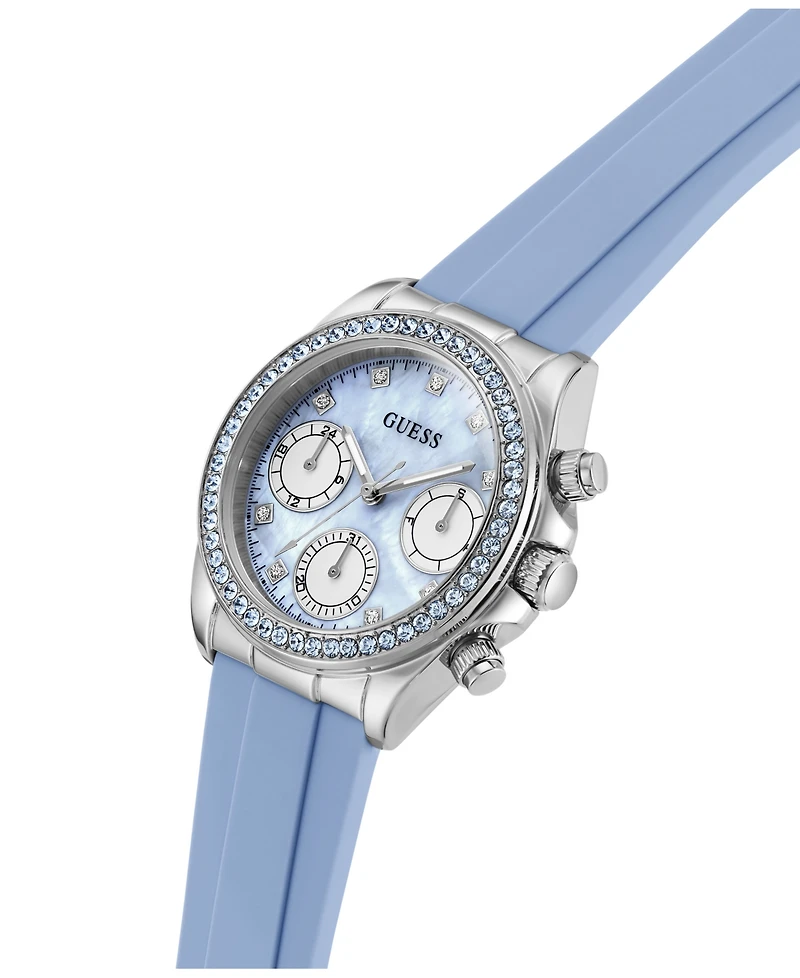 Guess Women's Silver-Tone Sky Blue Silicone Multi-Function Watch, 36mm