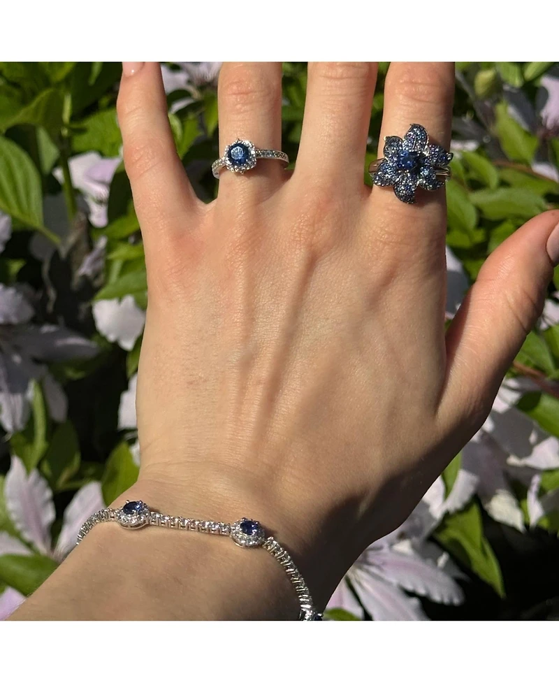 Suzy Levian New York Sterling Silver Sapphire & Created White Exotic Flower Ring