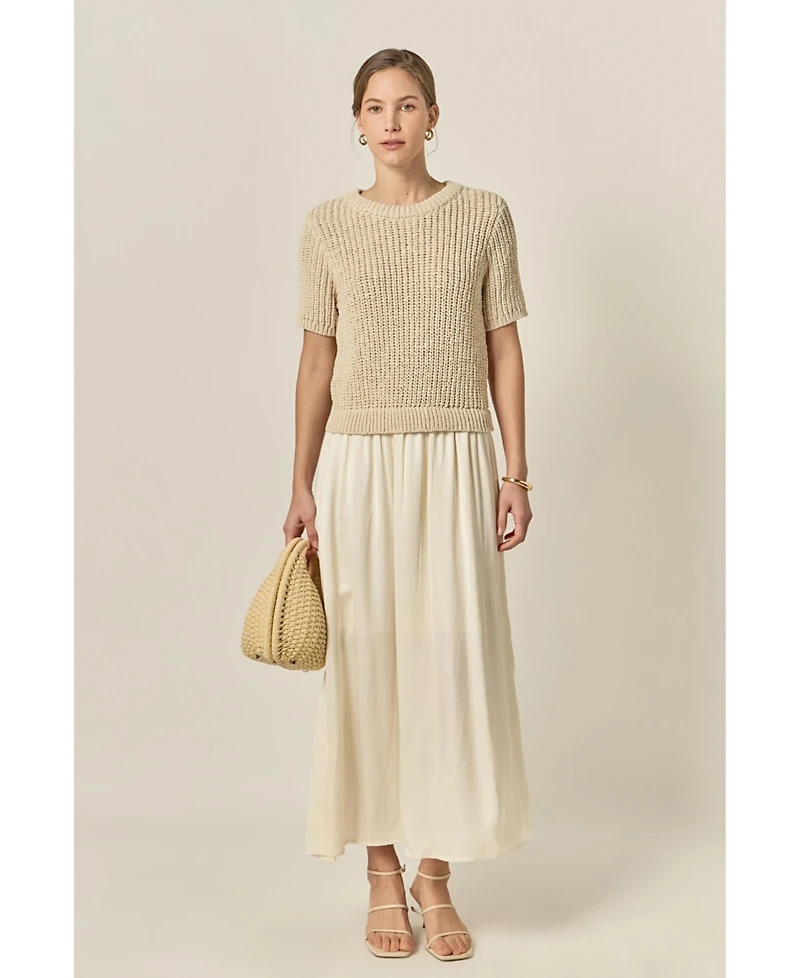 English Factory Women's Satin Contrast Mixed Media Midi Dress