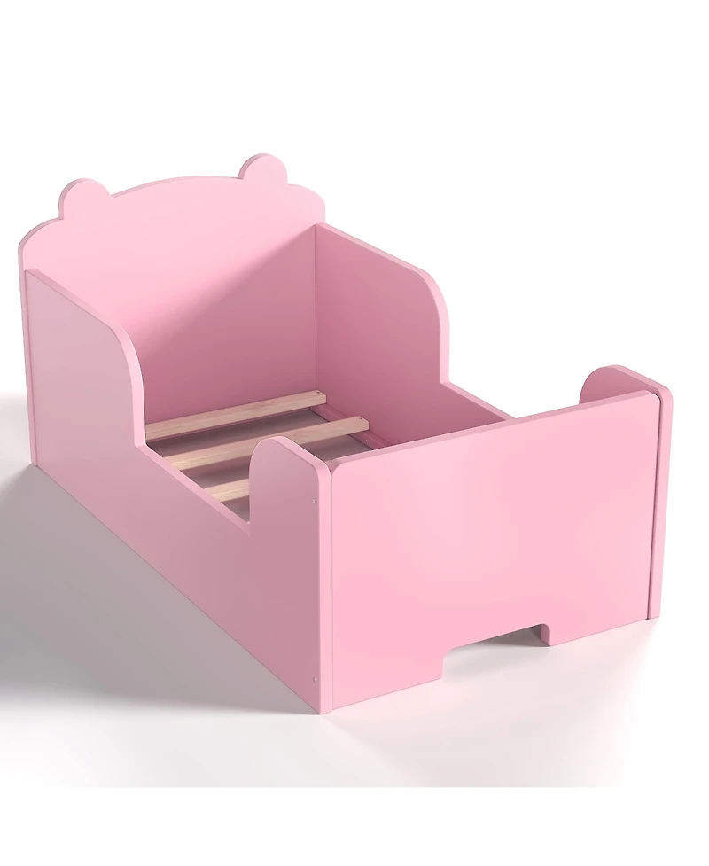 Rainsken Twin Size Wooden Kids Floor Bed Frame, Platform Bed with Bear Headboard and Safety Rails for Boys Girls Ages 3-6