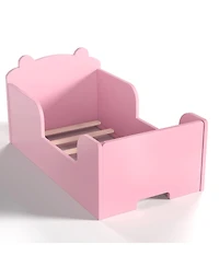 Rainsken Twin Size Wooden Kids Floor Bed Frame, Platform Bed with Bear Headboard and Safety Rails for Boys Girls Ages 3-6