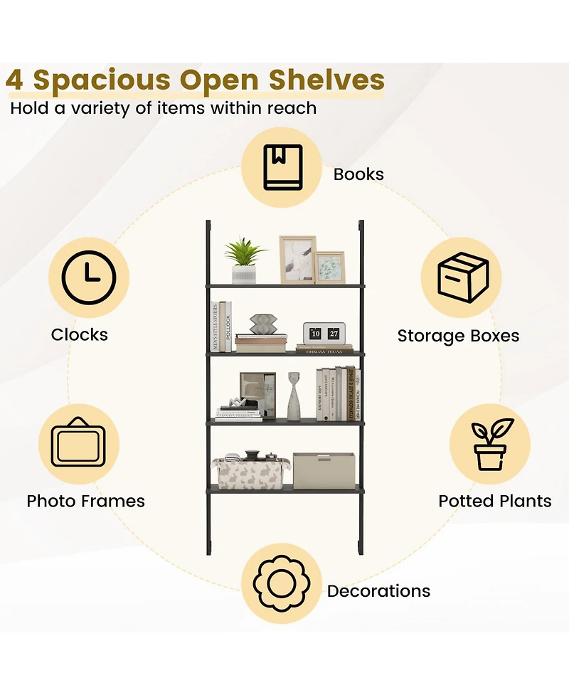 Slickblue 4-Tier Ladder Shelf Open Wall Mounted Bookcase with Wooden Boards and Metal Frame