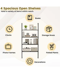 Slickblue 4-Tier Ladder Shelf Open Wall Mounted Bookcase with Wooden Boards and Metal Frame