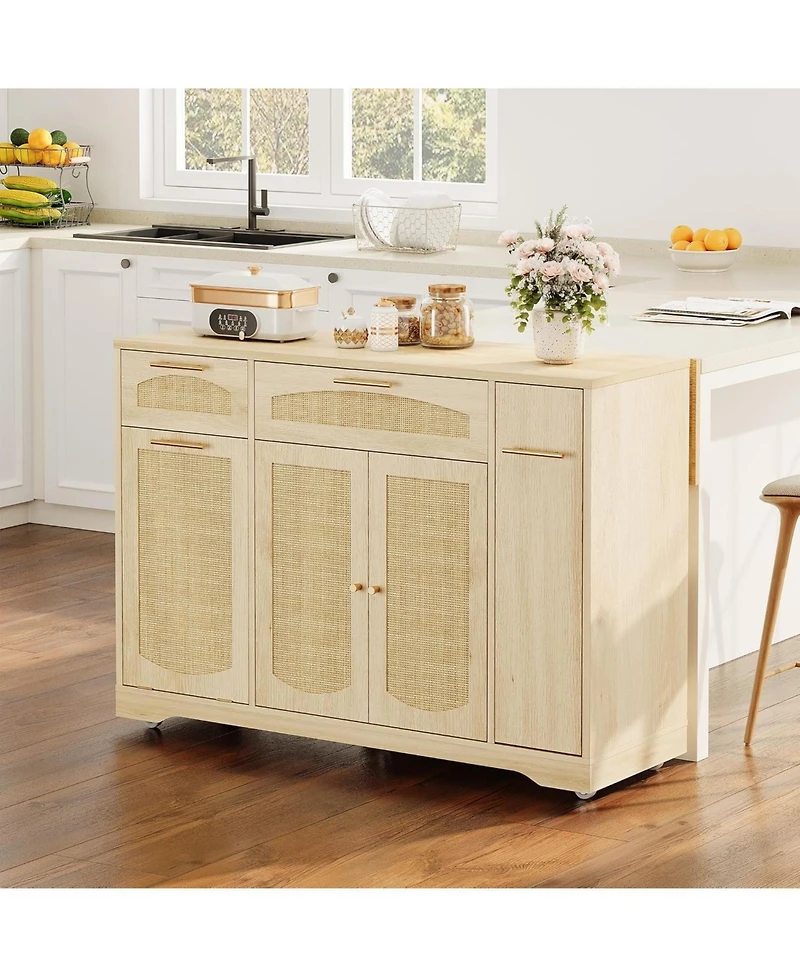 gaomon Rattan Rolling Kitchen Island Table on Wheels with Drop Leaf, Tilt Out Trash Can Cabinet 2 Door, Storage Cabinet, Drawer, Spice Rack