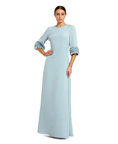 Mac Duggal Women's A-Line Crepe Gown with Embellished Three-Quarter Sleeves