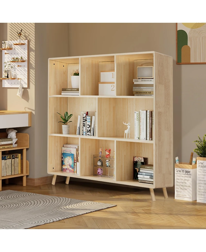 Rainsken 3-Tier Bookshelf, 8 Cube Open Storage Cabinet, Modern Wooden Bookcase for Living Room, Home Office