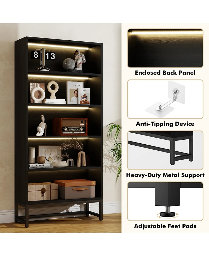 Rainsken 5-Layer Bookshelf, Heavy Duty Free-Standing Bookcase with Led Lighting, Storage Shelves for Living Room, Home Office