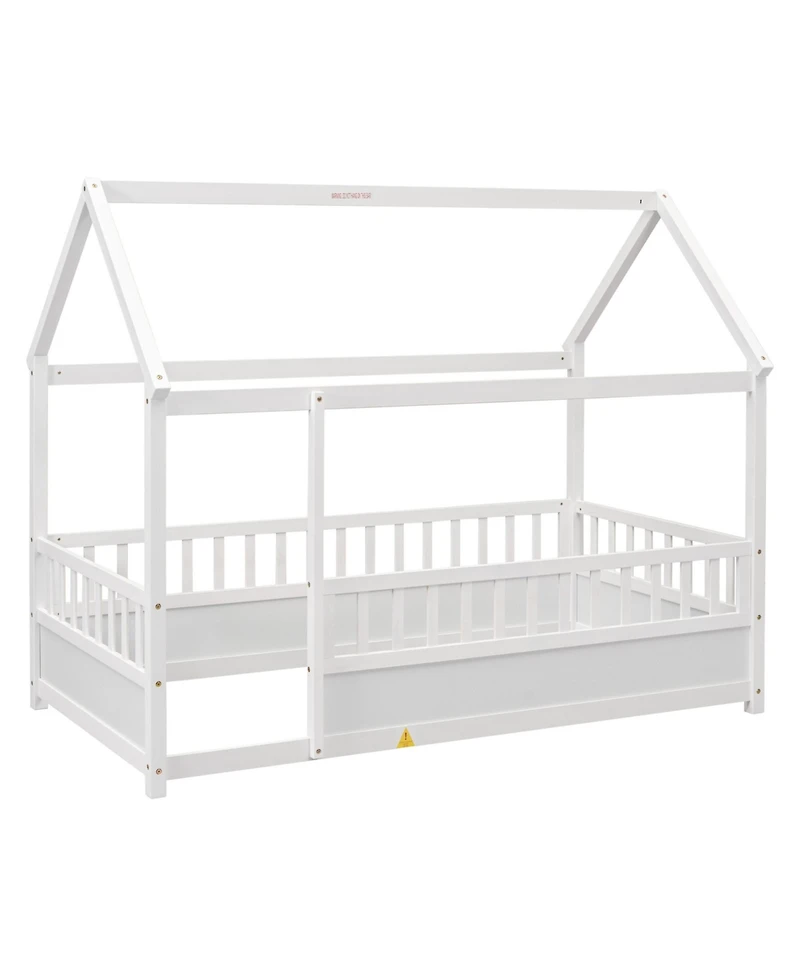 flynama Twin Size Wood Floor Bed House Roof Frame Fence Guardrails Pine Wood