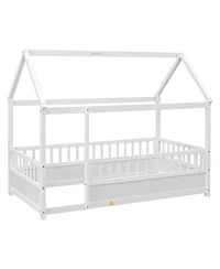 flynama Twin Size Wood Floor Bed House Roof Frame Fence Guardrails Pine Wood