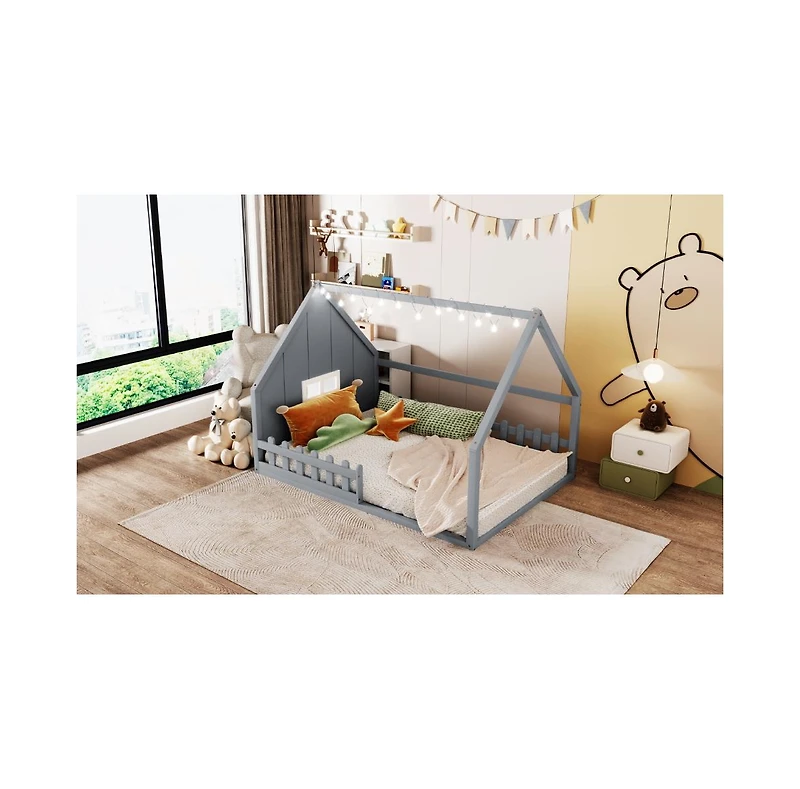 flynama Full Size Wood House Bed Window Fence