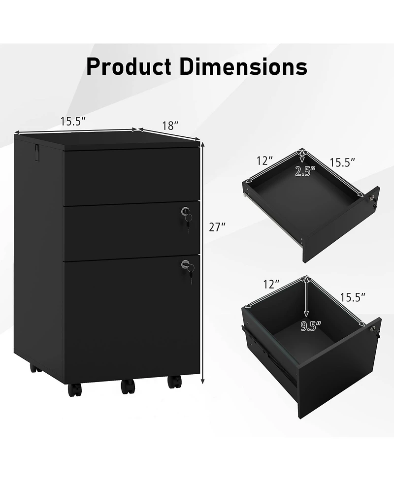 Sugift 3 Drawer Filing Cabinet Locking Pedestal Desk