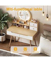 Rainsken Makeup Vanity Desk with Adjustable Lighted Mirror, Dressing Table with Solid Wood Table feet, 3 Open Shelves and 2 Large Drawers for Bedroom