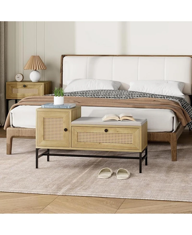 gaomon Rattan Shoe Storage Bench with Flip Drawer, Wooden Entryway Shoe Bench