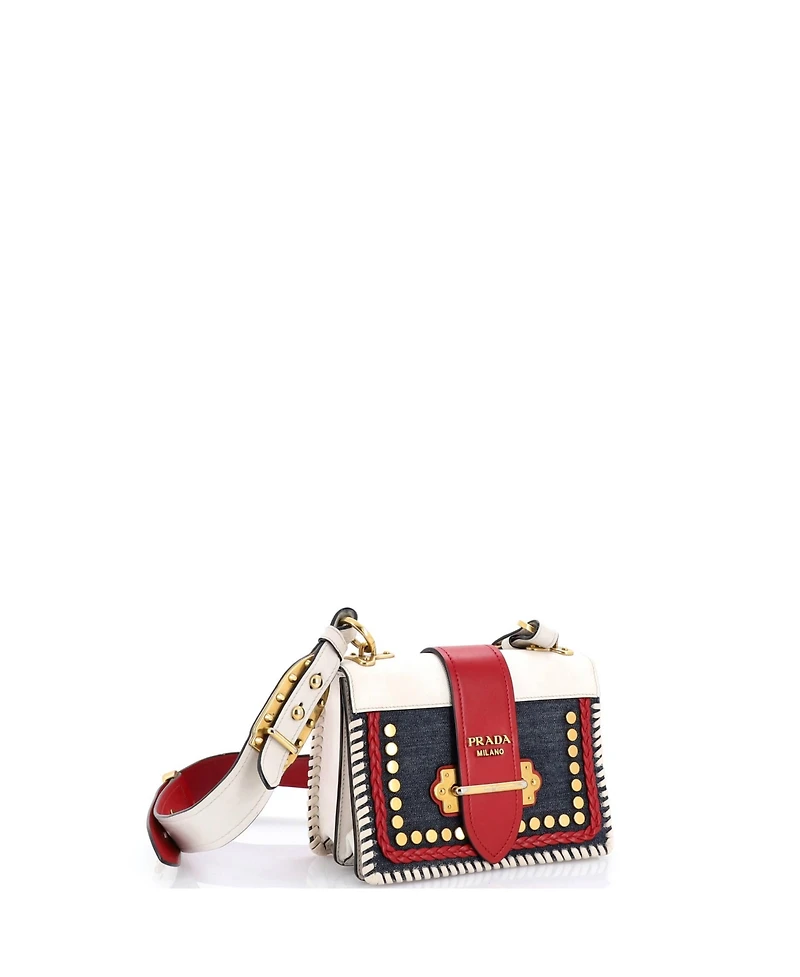 Pre-Owned Prada Small Cahier Crossbody Bag Embellished Denim and Leather