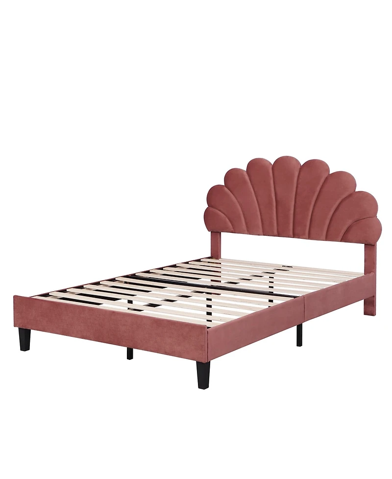 flynama Upholstered Platform Bed Flower Pattern Velvet Headboard Bean Paste Red No Box Spring Needed