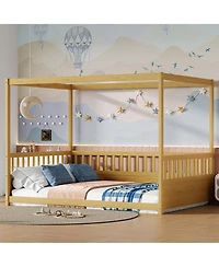 flynama Wooden Canopy Floor Bed With Guardrails Four Poster Design Natural For Kids