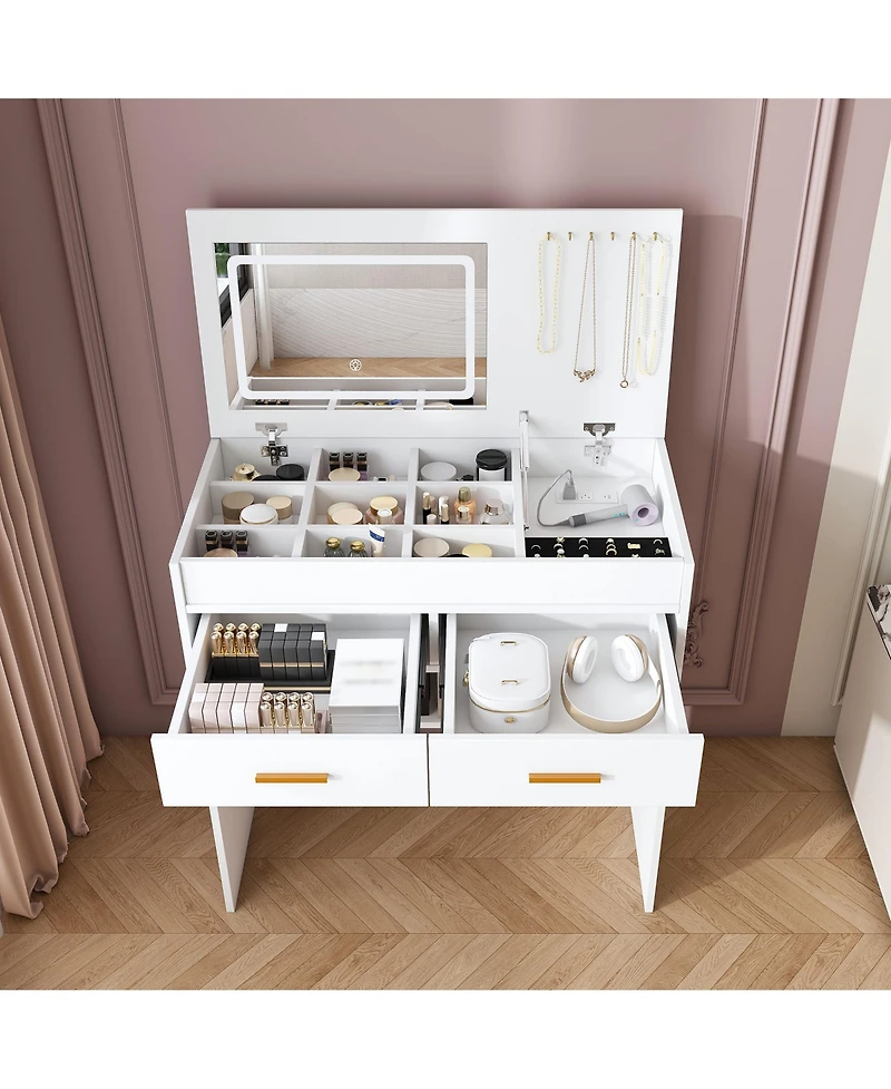 Rainsken Flip Top Vanity Desk, Makeup Vanity Table with Led Lighted Mirror, Built-in Outlet, 2 Drawers, Open Storage and Hooks for Jewelry