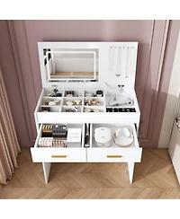 Rainsken Flip Top Vanity Desk, Makeup Vanity Table with Led Lighted Mirror, Built-in Outlet, 2 Drawers, Open Storage and Hooks for Jewelry