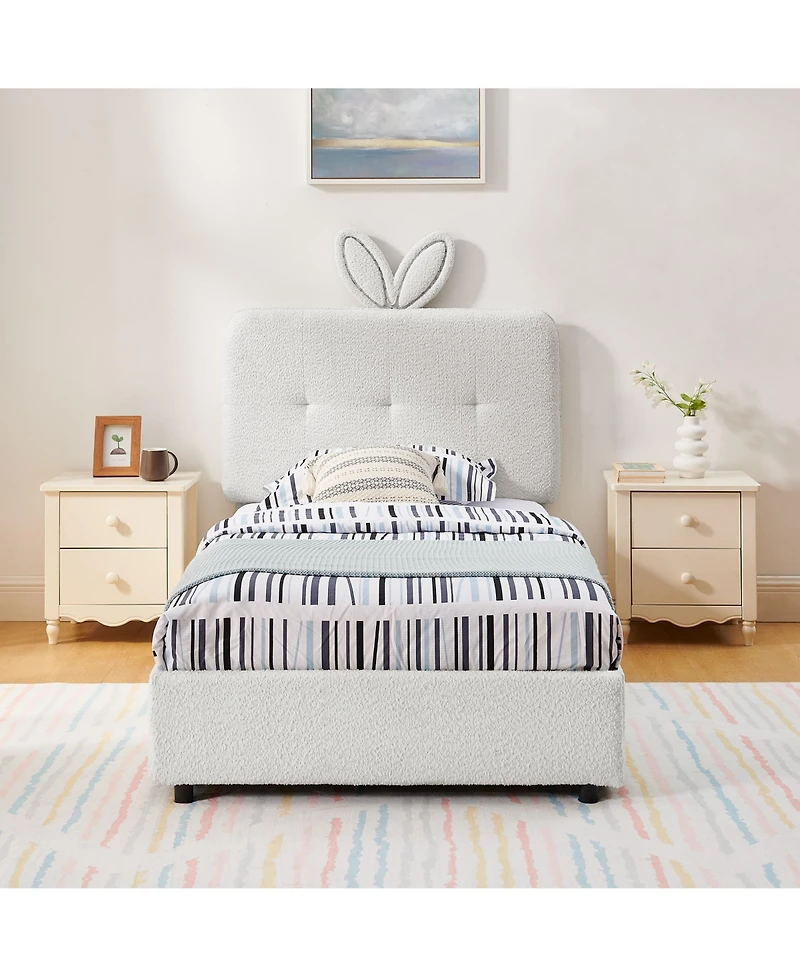 Rainsken Twin Size Upholstered Kids Platform Bed, Boucle Fabric Bed Frame with 4 Storage Drawers, Led Lighting and Rabbit Ear Headboard for Boys Girls