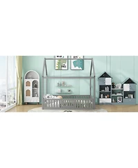 flynama Wood House Bed With Fence Door Gray Distressed Washed Pine Wood Mdf