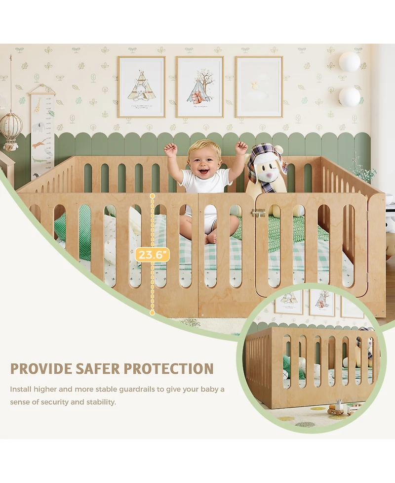 Rainsken Kids Floor Bed, Solid Wood Frame with High Fence and Door, Low-Profile Montessori Bed for Boys Girls, No Box Spring Needed