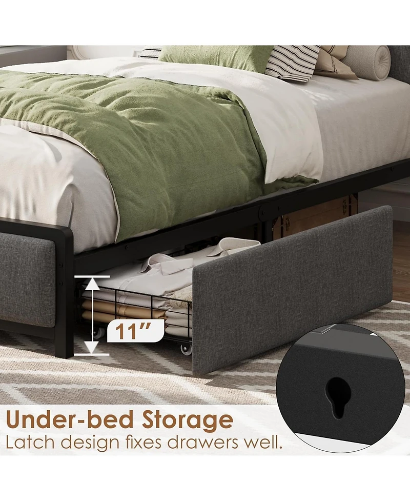 gaomon Bed Frame with 2 Storage Drawers & Charging Station, Linen Upholstered Headboard, Heavy Duty