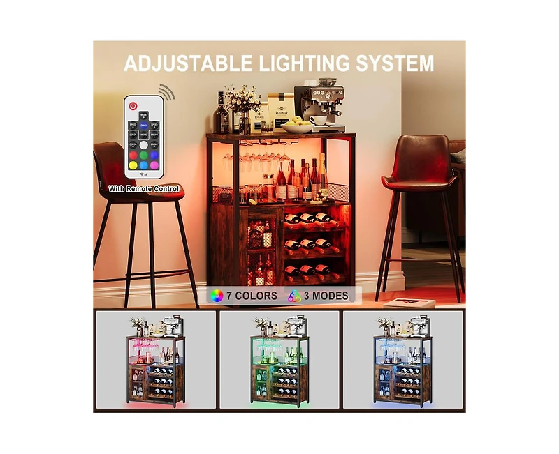 gaomon 3-Tier Wine Bar Cabinet with Led Lights, Detachable Wine Rack and Storage Space, Buffet Cabinet with Glass Holder and Mesh Door, for Kitchen
