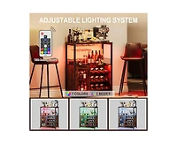 gaomon 3-Tier Wine Bar Cabinet with Led Lights, Detachable Wine Rack and Storage Space, Buffet Cabinet with Glass Holder and Mesh Door, for Kitchen