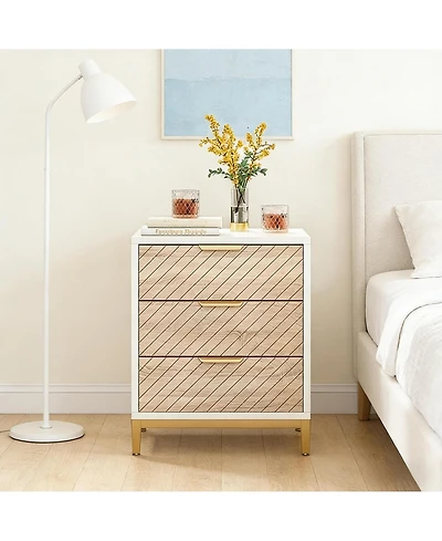 Rainsken 3-Drawer Bedside Table, Wooden Nightstand with Gold Metal Frame and Adjustable Invisible Foot Pads for Bedroom