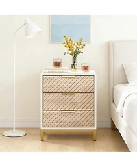 Rainsken 3-Drawer Bedside Table, Wooden Nightstand with Gold Metal Frame and Adjustable Invisible Foot Pads for Bedroom