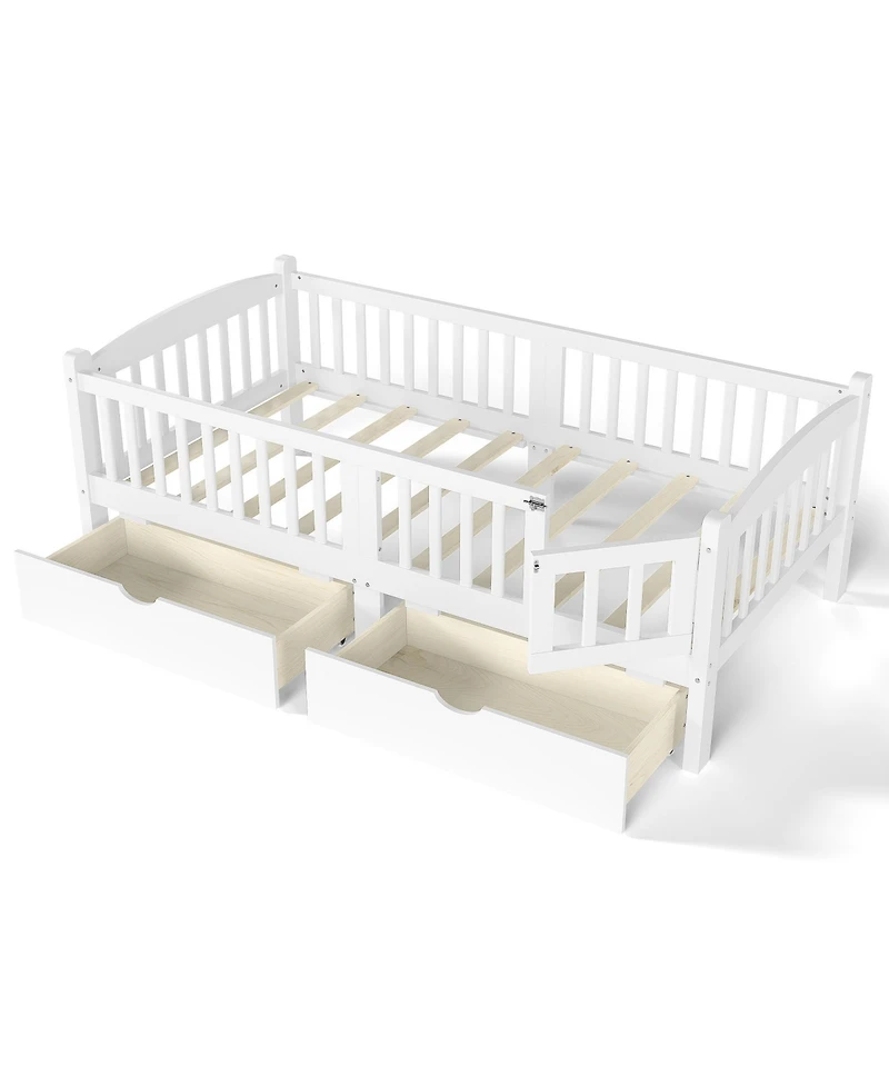 Rainsken Twin Size Low Bed Frame, Wood Kids Platform Bed with Storage Drawers and Full-length Guardrails for Girls Boys, No Box Spring Needed