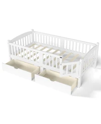Rainsken Twin Size Low Bed Frame, Wood Kids Platform Bed with Storage Drawers and Full-length Guardrails for Girls Boys, No Box Spring Needed