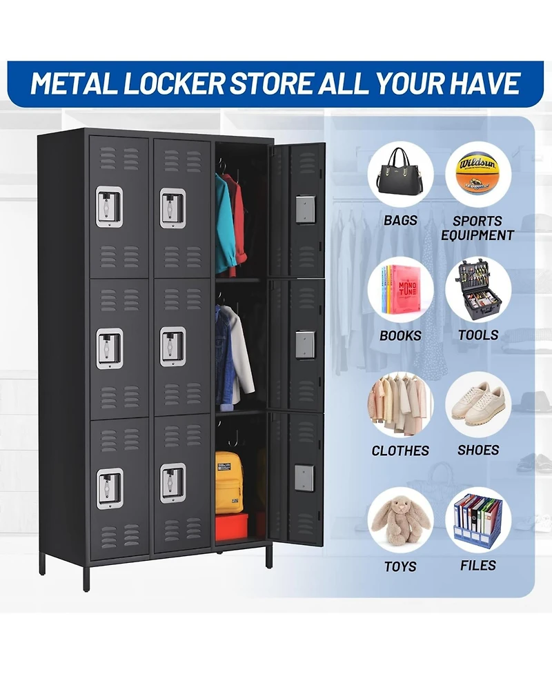 gaomon 72" Metal Storage Cabinet with 9 Doors, Office Locker with 27 Hooks & 9 Shelves, Steel Employee Storage Locker