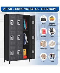 gaomon 72" Metal Storage Cabinet with 9 Doors, Office Locker with 27 Hooks & 9 Shelves, Steel Employee Storage Locker